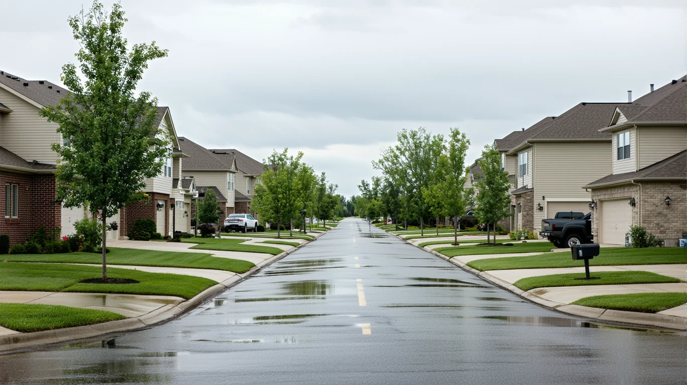 A suburban street in Eden Prairie after a rain shower, with wet asphalt, puddles, and palm trees reflected in the water.