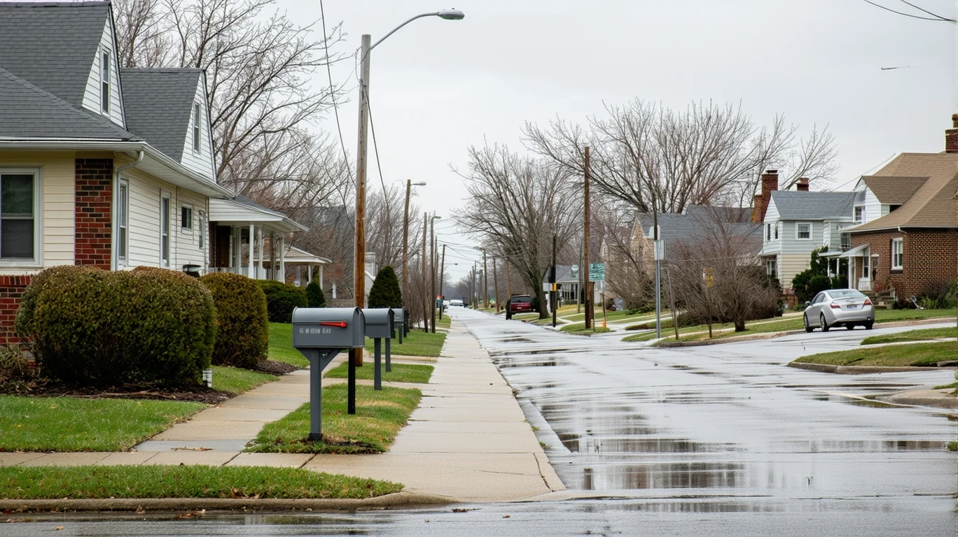 A residential street in Brooklyn Park with a sidewalk curving past a row of mailboxes and single-family homes under cloudy skies.