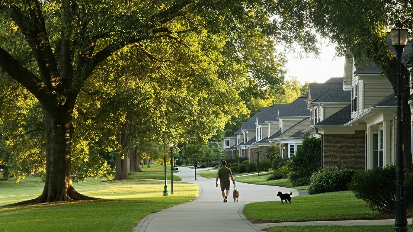 Winding sidewalk under trees in a peaceful suburban neighborhood, with rooftops visible.