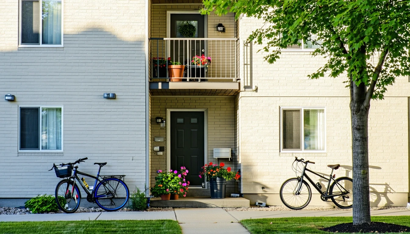 Two-story apartment building with potted plants and bicycles leaning against railing in Saint Paul, Minnesota