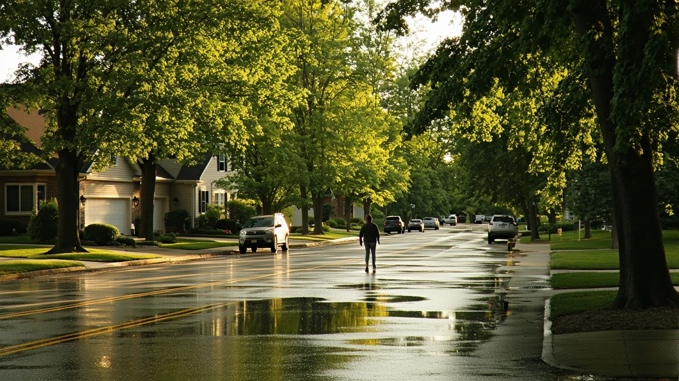 A tree-lined street in Eden Prairie, MN after a rain shower, with puddles reflecting the trees and a person walking on the sidewalk.