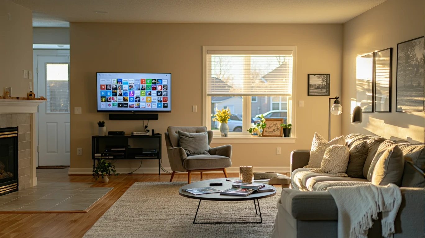 A living room illuminated by a TV showing a streaming app interface, with a couch, armchair, and coffee table.