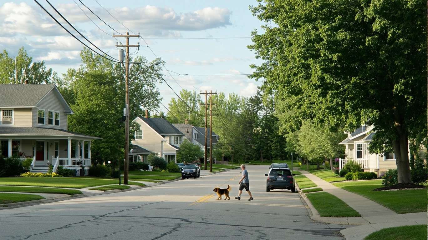A tree-lined residential street corner in Eden Prairie, MN with single-family homes, patchy grass, and an older car parked on the curb.