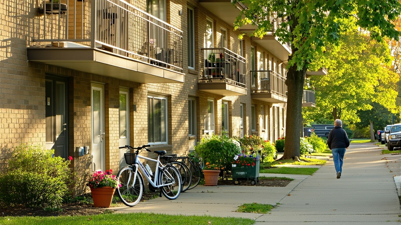 Apartment building with potted plants and bicycles in Eden Prairie, MN on a sunny day.