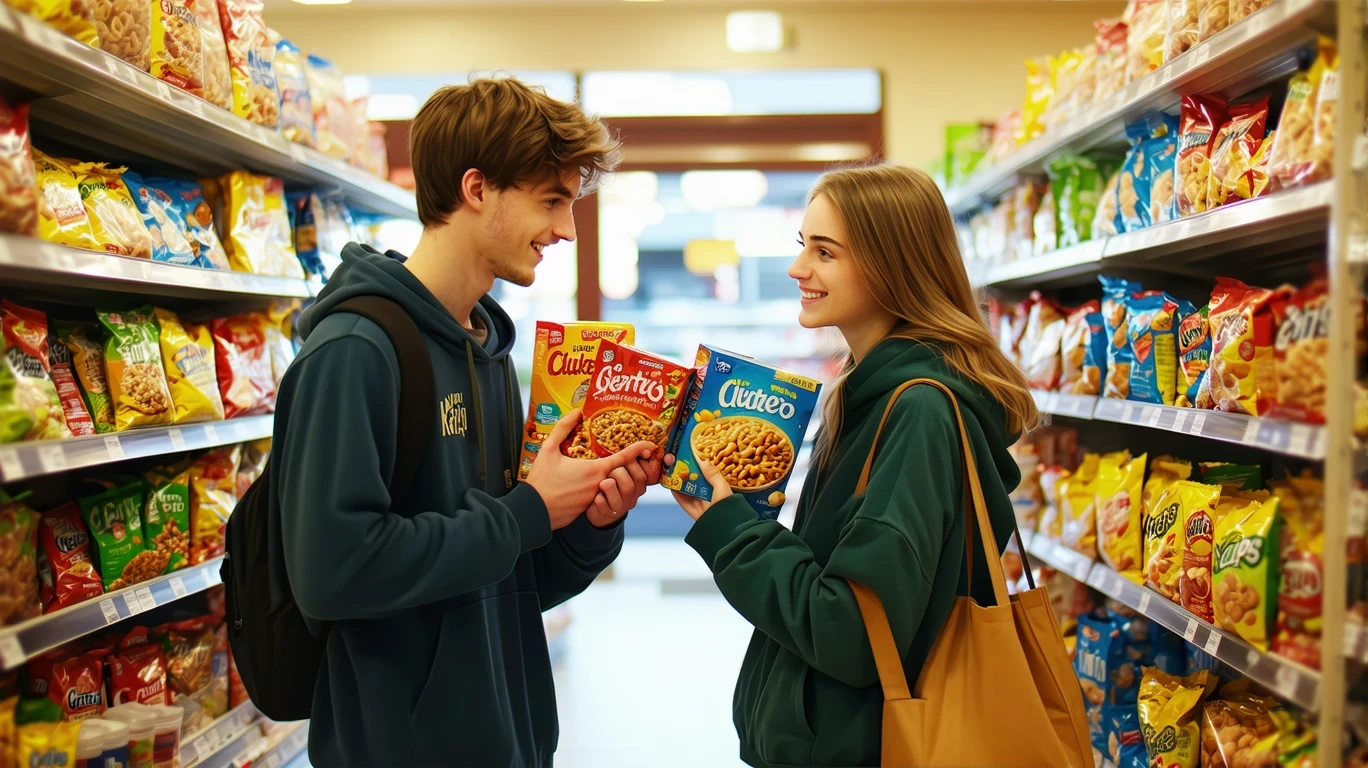 A young couple comparing cereal boxes in a groceries store aisleway, surrounded by shelves of breakfast foods.