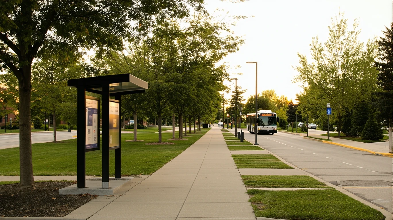 A campus shuttle stop with faded signage and a single shuttle idling nearby on an overcast day in a suburban area.