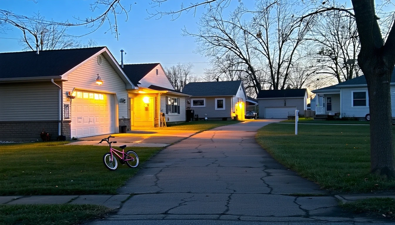 Residential cul-de-sac in Collinsville at dusk with porch lights and child's bicycle