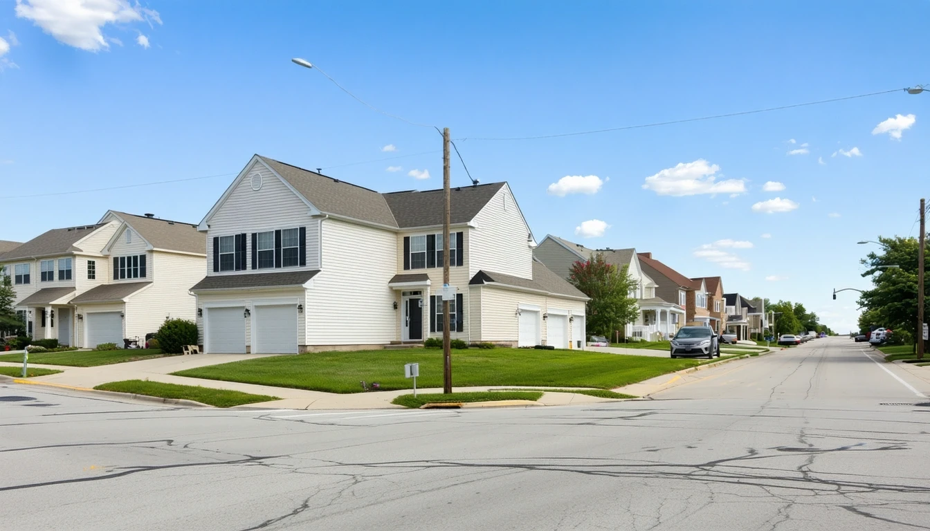 Mid-block residential corner in Ofallon, Illinois with homes, parked car, and overhead utility lines