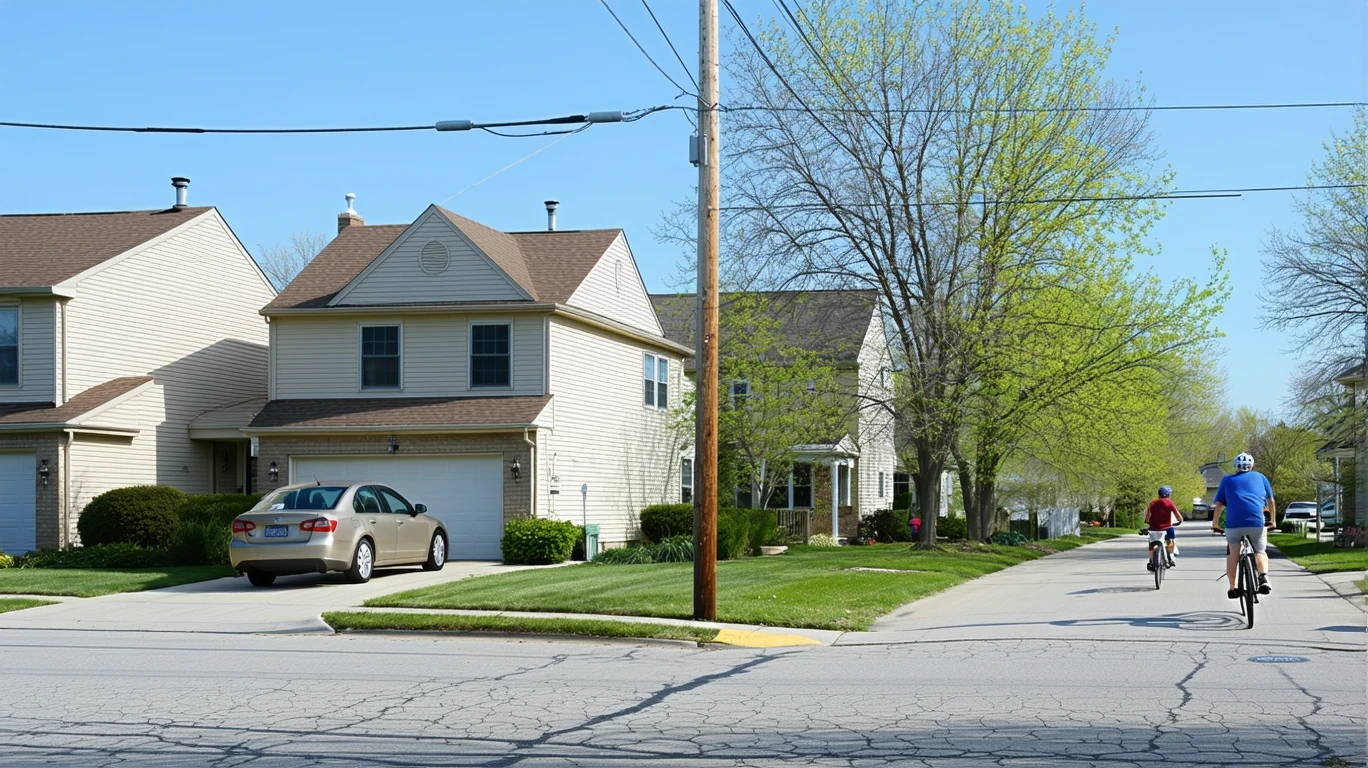 Bolingbrook neighborhood corner with older homes, parked car, and father and son biking.