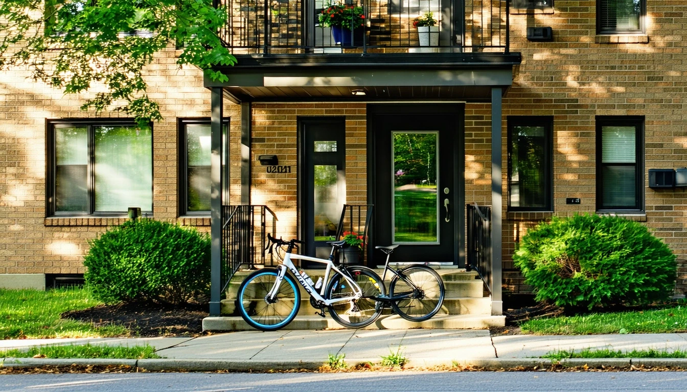 Exterior view of a small brick apartment building in Windsor, Connecticut with bicycles by the front steps, potted plants, shrubs and trees providing shade.
