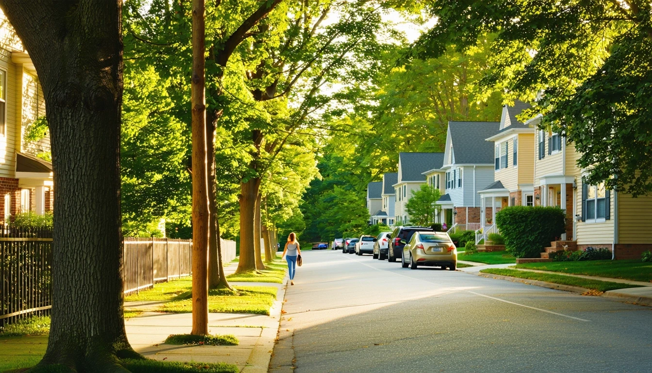 A tree-lined residential street in Fairfax with a young woman walking on the sidewalk.