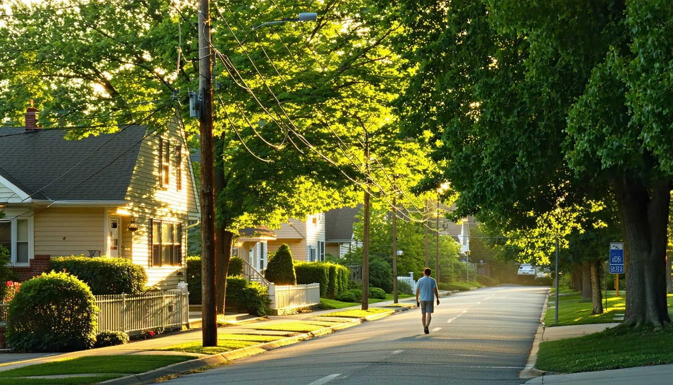 A tree-lined suburban street in Fairfax with a pedestrian walking on the sidewalk.