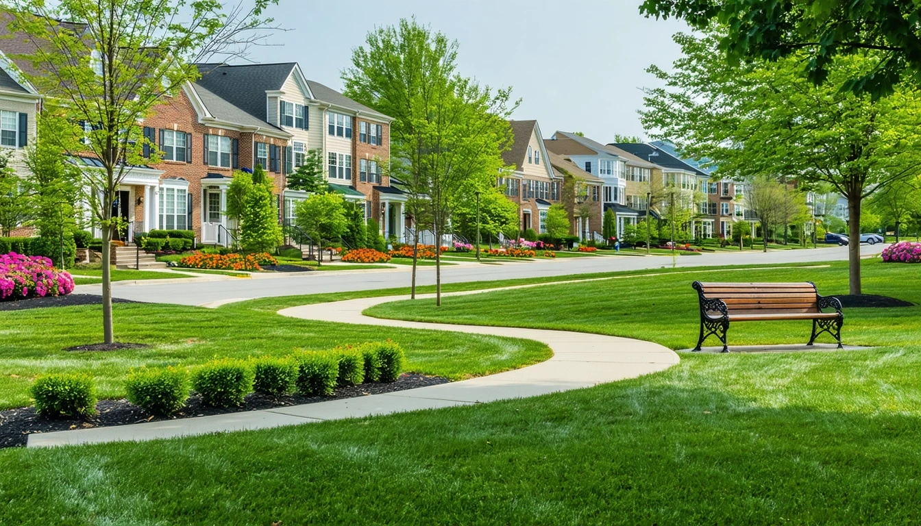 A neighborhood park in Reston with a path, bench, and townhouses across the street.