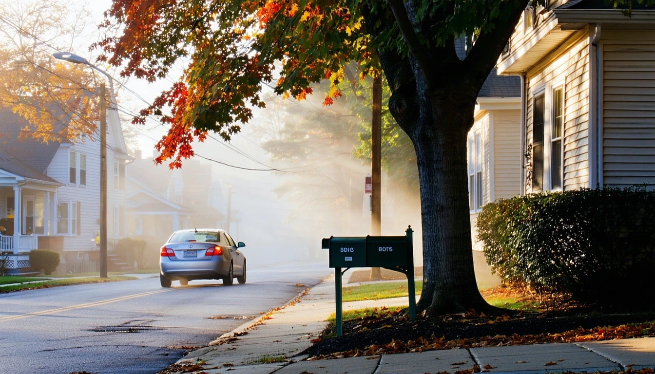 A foggy morning street in Arlington, VA with mailboxes, a parked car, and fall foliage.