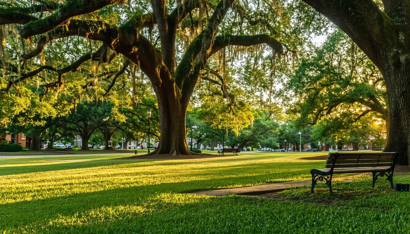 A tranquil park lawn in Fairfax, VA with old oak trees, empty benches, and golden-hour light.