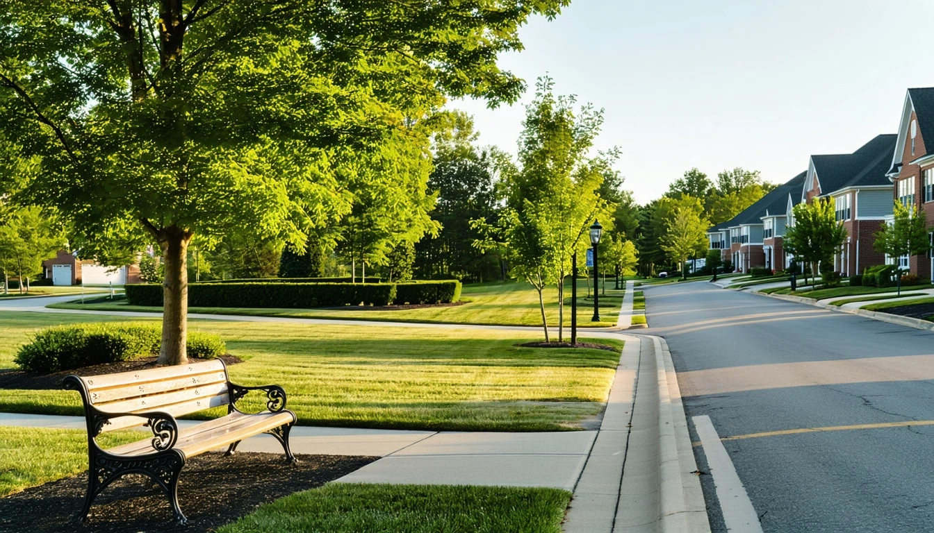 A view across a residential street in Fairfax, Virginia showing a small neighborhood park with grass, trees
