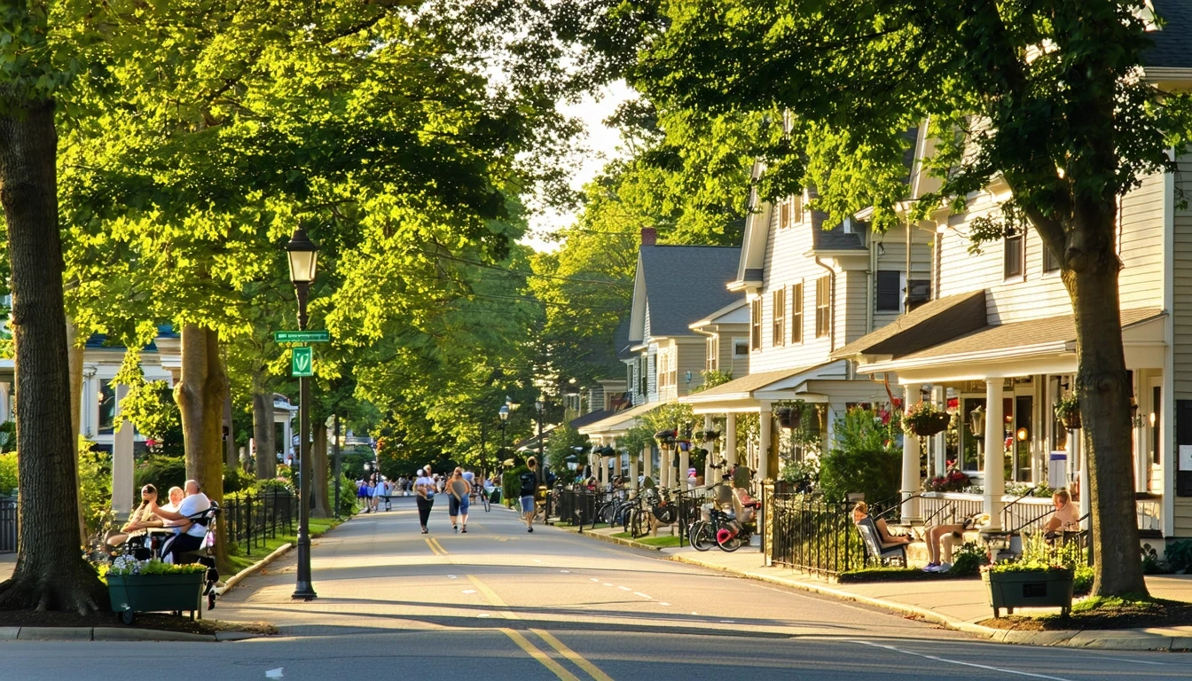 A residential street in Fairfax, Virginia with homes, small shops, and a few people outside in the late afternoon.