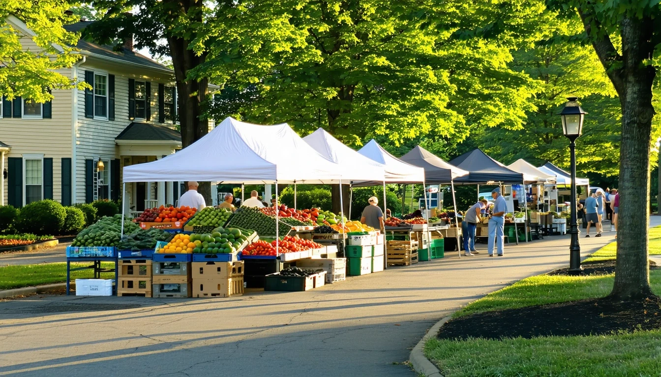 A suburban farmer's market in Fairfax, VA with vendors arranging produce under tents.