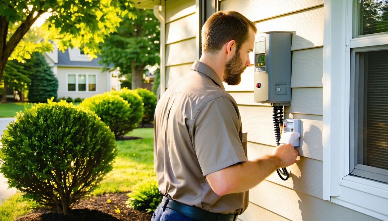 A utility worker checking an electric meter on a suburban home in Fairfax, VA.