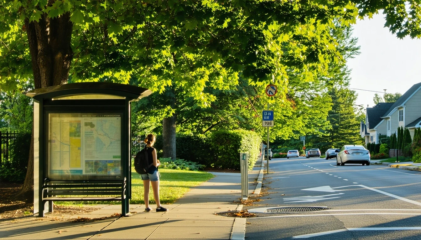 A person waiting at a bus stop bench on a tree-lined suburban street in Fairfax, Virginia.