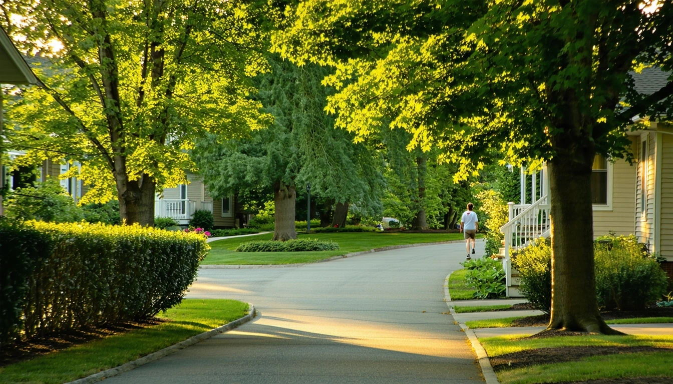 Tree-lined sidewalk curving through a neighborhood with houses visible.
