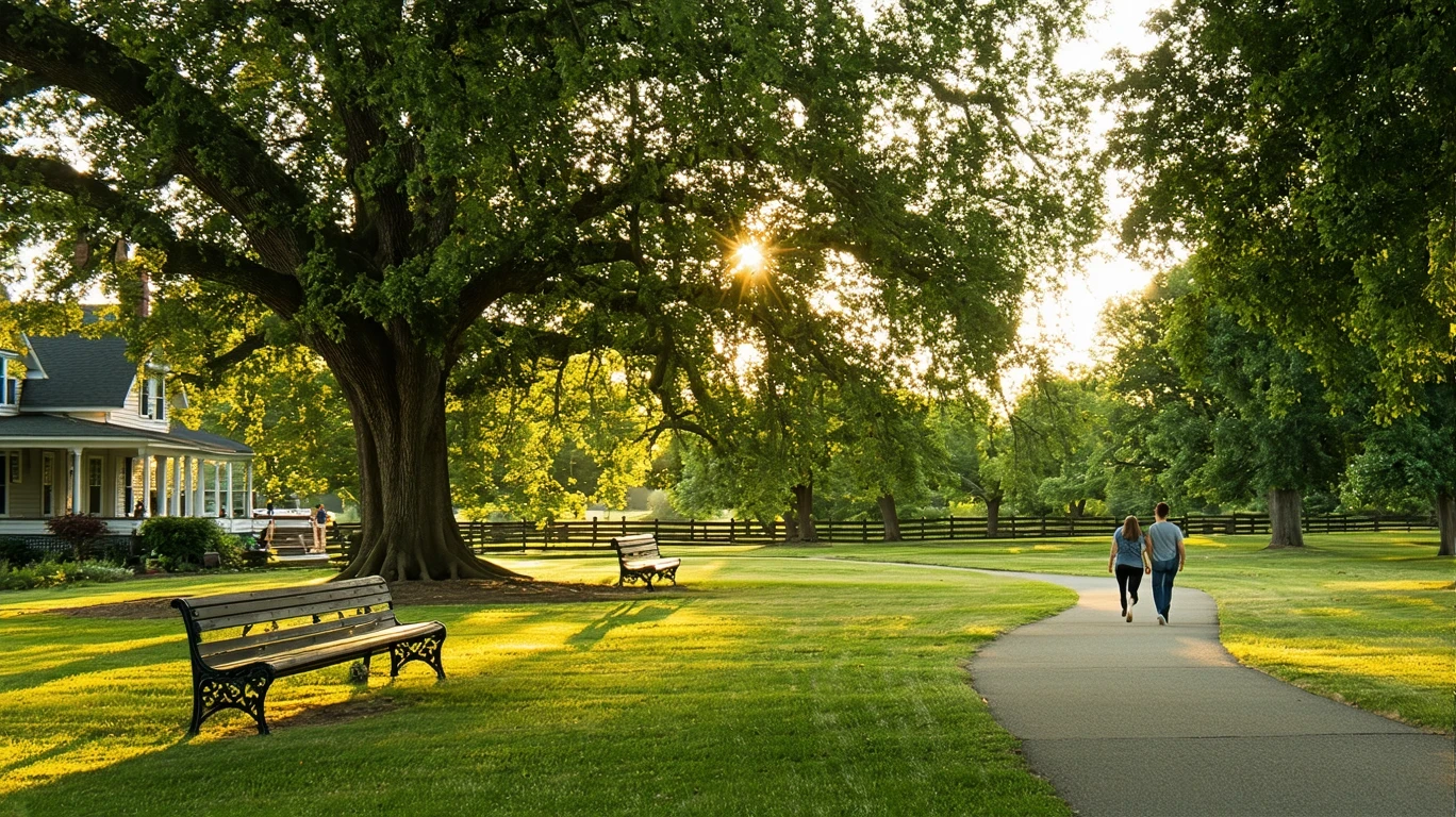 A peaceful park in Hamilton, Ohio with a grassy lawn, oak trees, benches, a fence, and a couple walking on a path in golden-hour light.