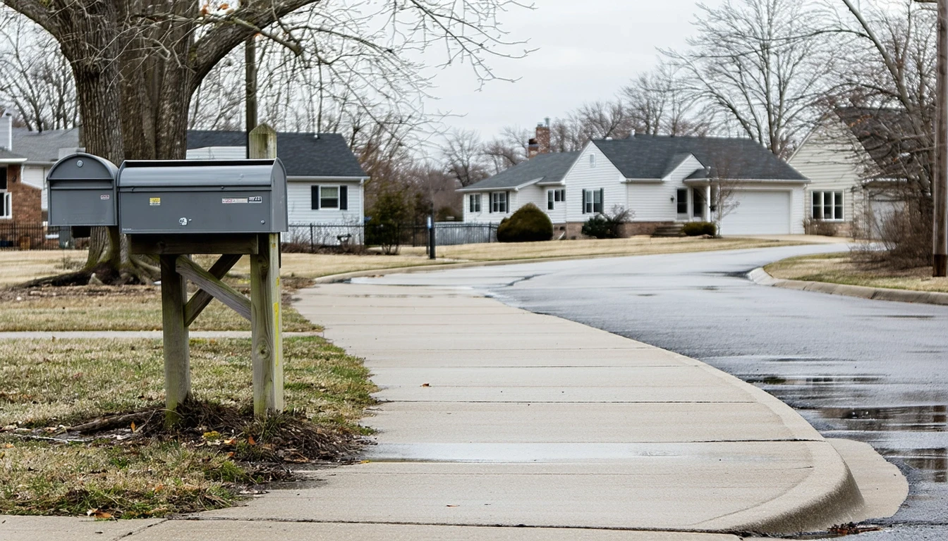 Sidewalk curve in Belleville with mailboxes, wet pavement, and homes under cloudy skies