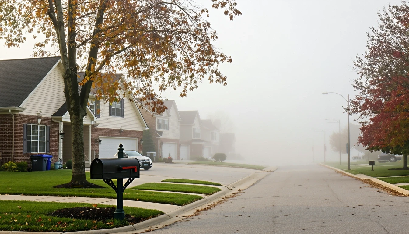 Foggy morning street in O'Fallon with newer homes, mailboxes, and parked sedan