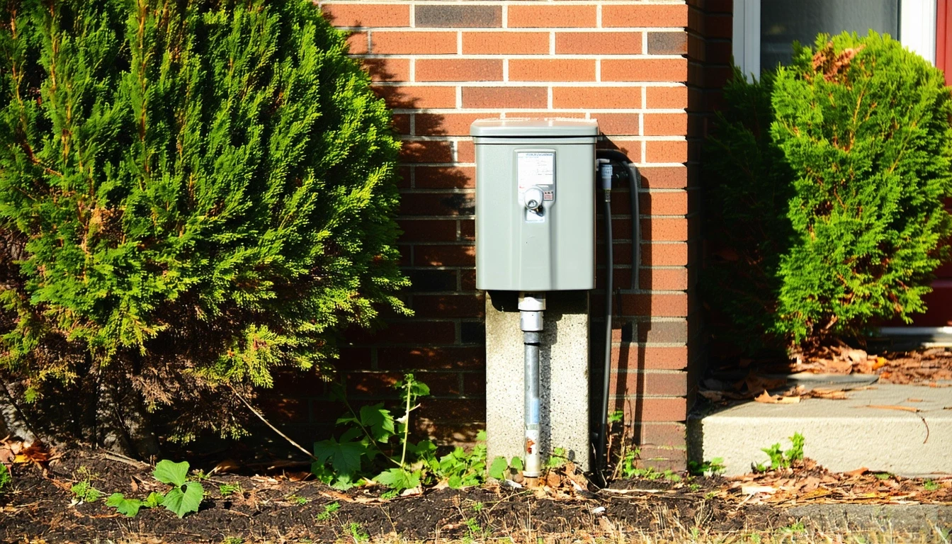 A gas meter on the side of a brick house, surrounded by weeds and cobwebs on the concrete base.