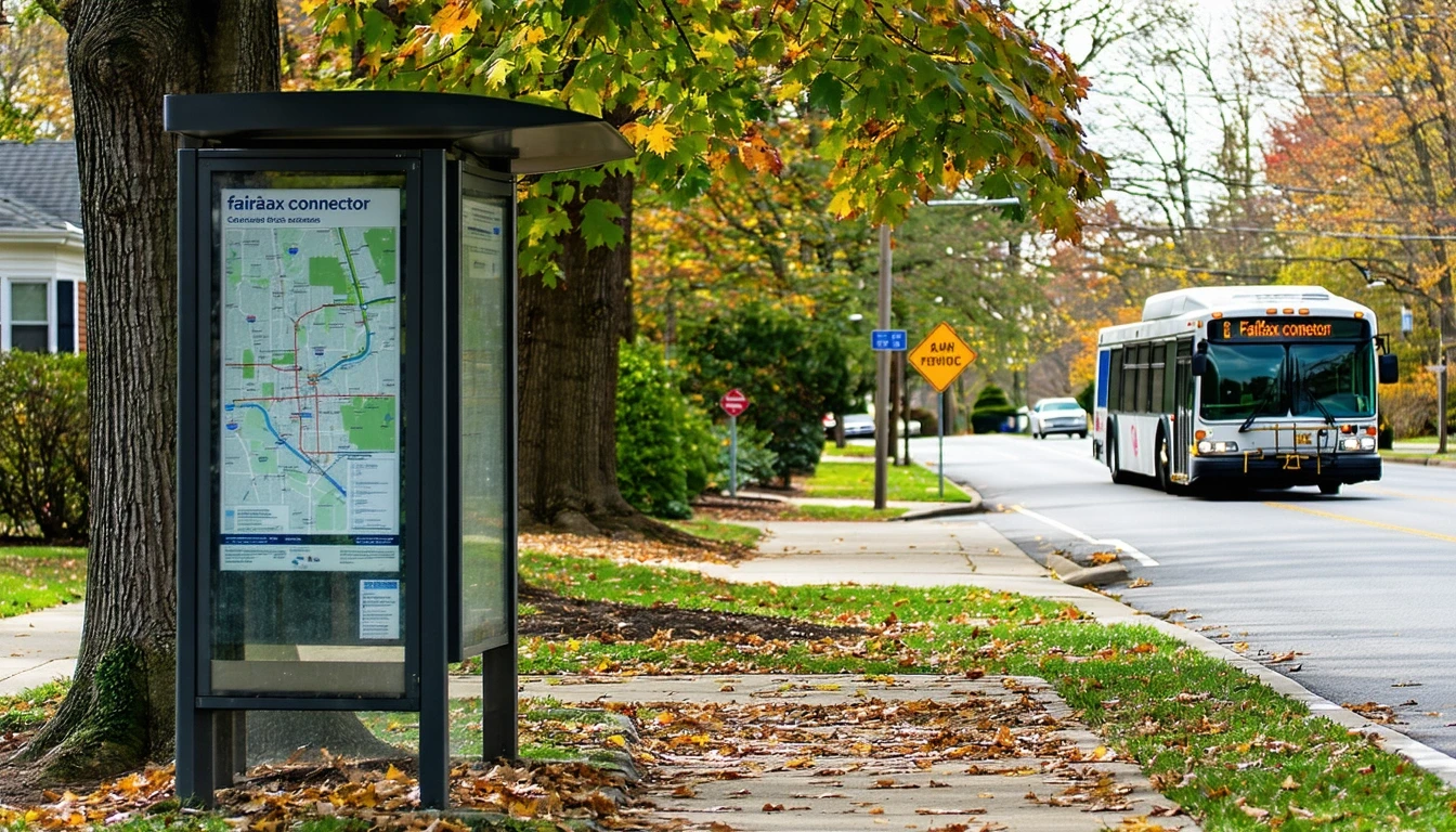 A bus stop shelter on a suburban street in Falls Church, VA with a bus idling nearby and houses visible in the background.