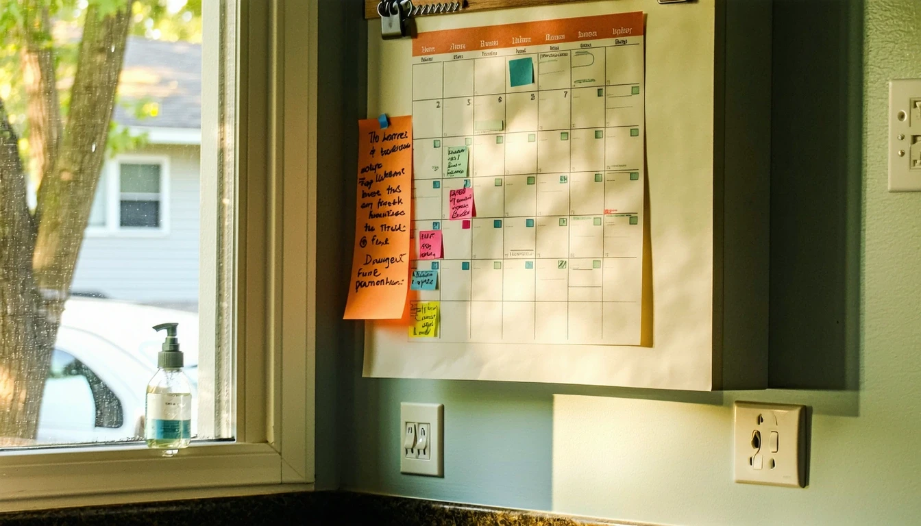 A calendar with circled payment dates pinned near a phone in a tidy Falls Church kitchen.