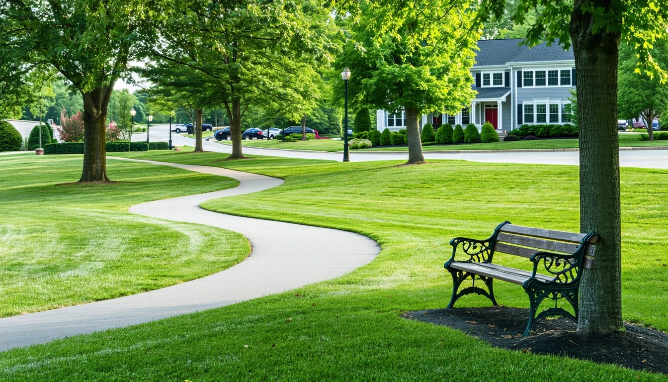 A well-maintained neighborhood park in Mclean, Virginia with a path, bench, and manicured landscaping, seen from across a street lined with upscale homes.