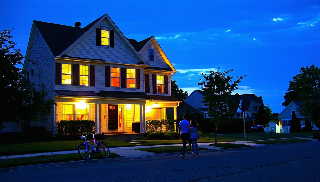 A cul-de-sac in Arlington, VA at dusk with porch lights turning on, a child's bicycle near the curb, and a couple walking down the sidewalk.