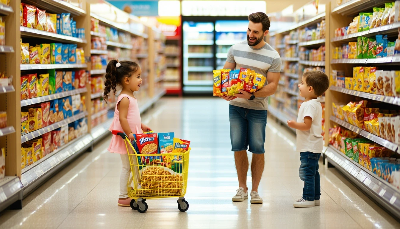 A family of three gently debating cereal choices in a grocery store aisle.