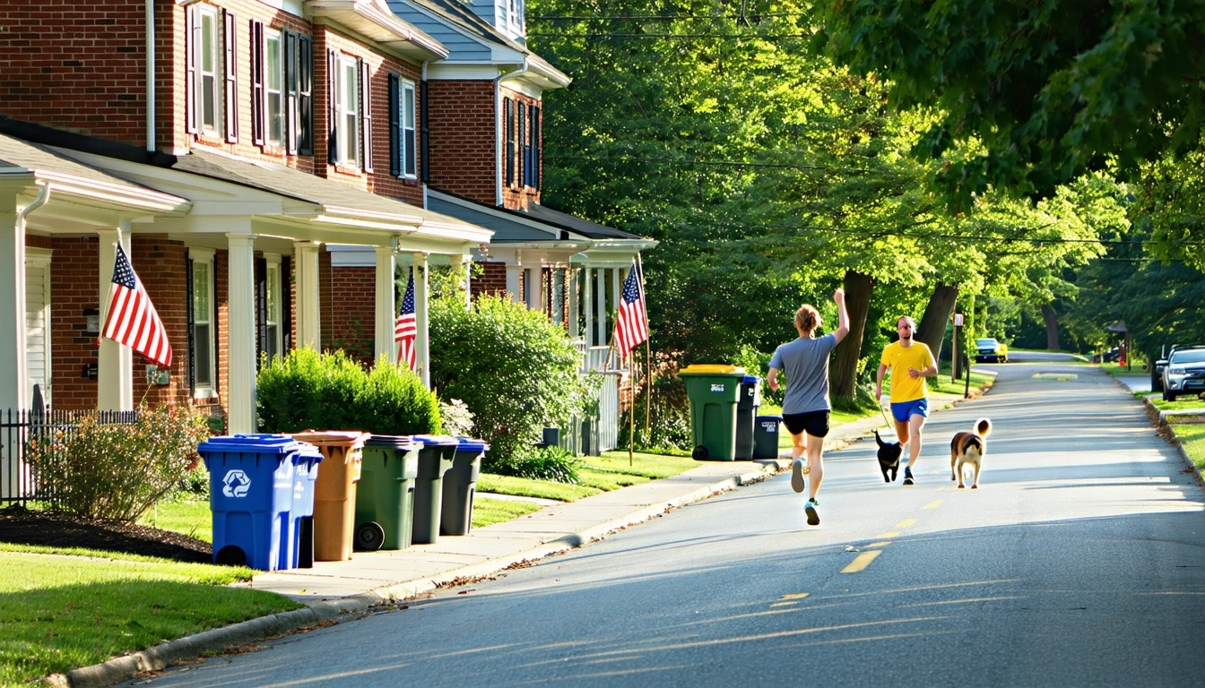 A tidy suburban street in Falls Church lined with brick homes, recycling bins on the curb, a jogger and dog-walker passing by.