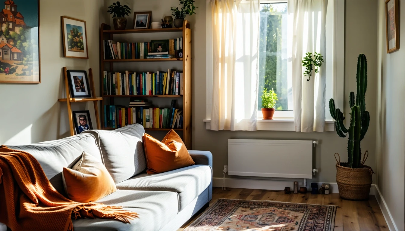 A cozy, sunlit living room in an Alexandria apartment with a gray couch, colorful pillows, a wooden bookshelf and an area rug.