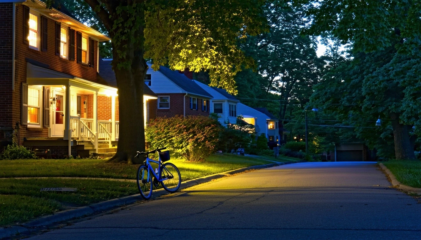 A quiet cul-de-sac in Falls Church, Virginia at dusk, with porch lights illuminating well-kept homes and a child's bicycle near the curb.