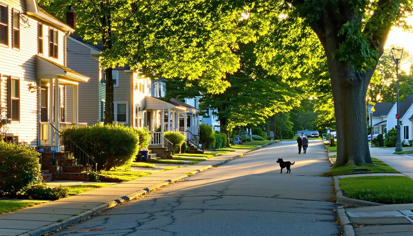 A tree-lined street in Falls Church, Virginia with one-story homes in the early morning light.