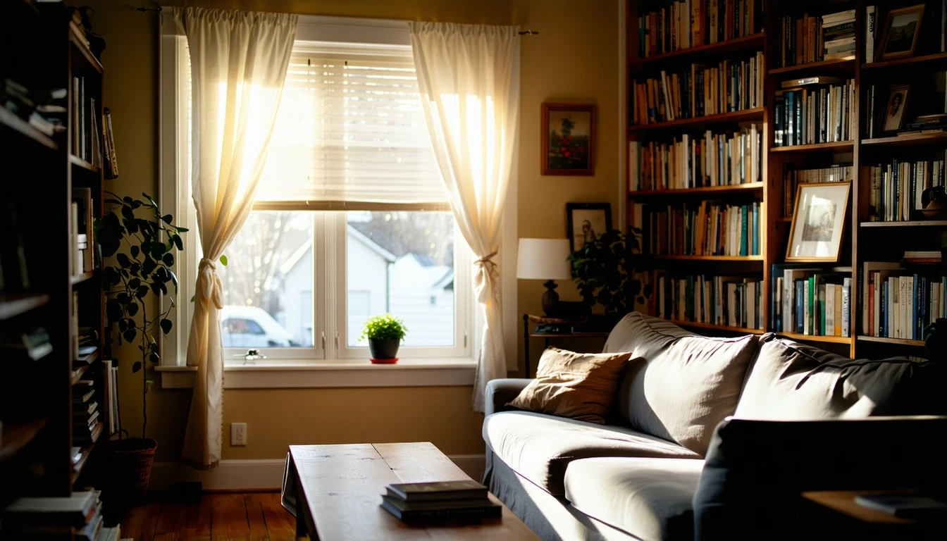 A cozy living room in Bristol, Connecticut, with soft light filtering through sheer curtains and illuminating a comfortable couch and bookshelf.