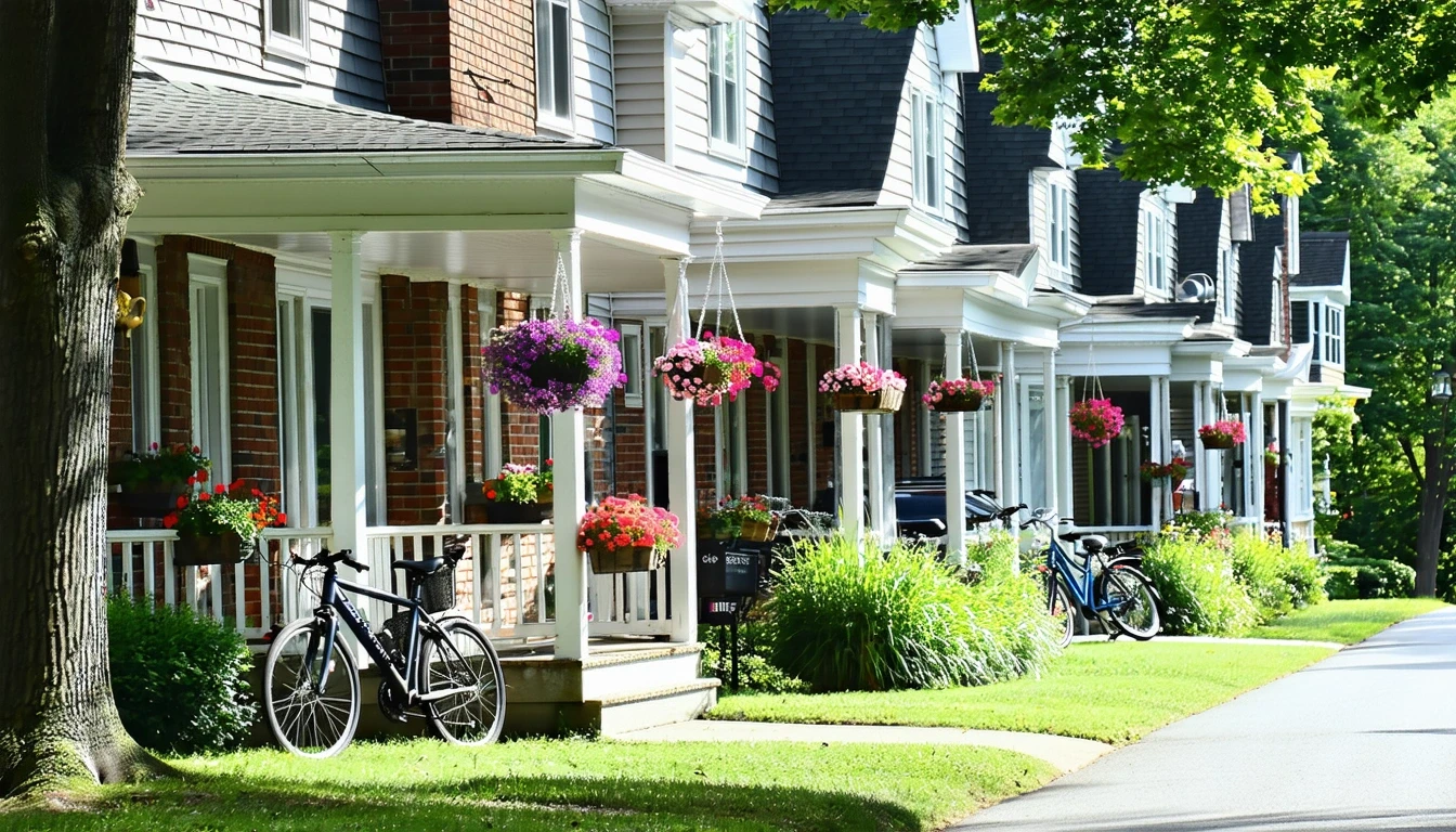 An apartment building in Simsbury, Connecticut with bicycles leaning against the porch railings and potted plants by the doors.  ==image