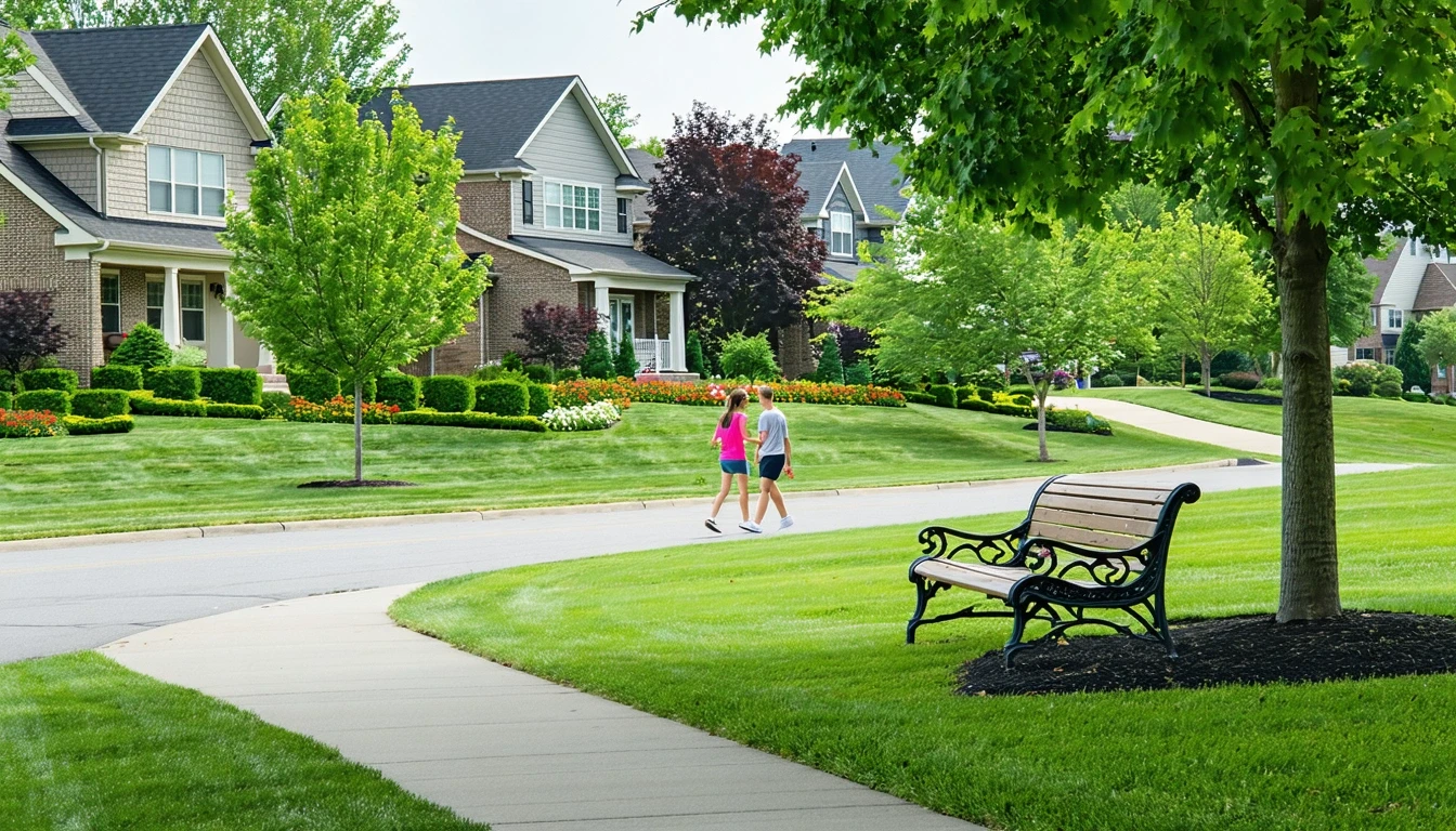 A manicured neighborhood park in Novi with a path, bench, and landscaping, with houses across the street.