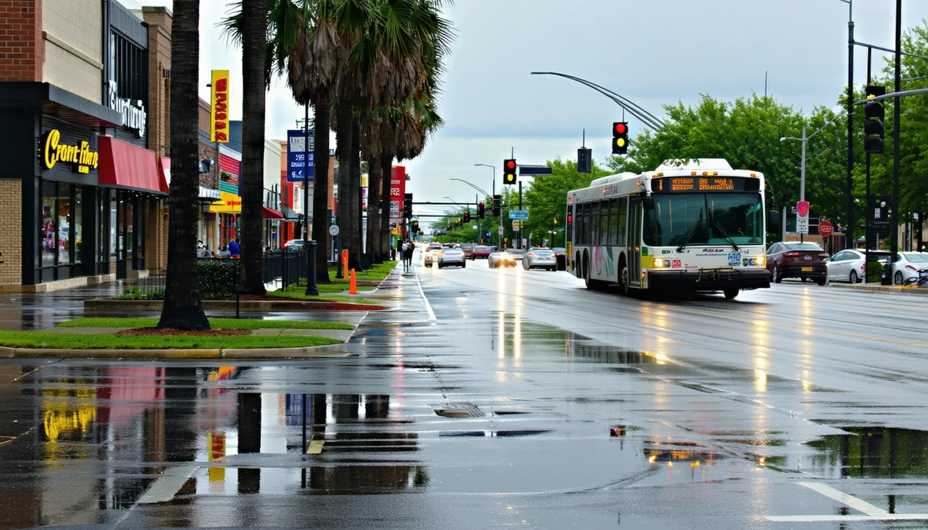 A busy street in Southfield after rain, with wet asphalt, palm trees, puddles, and a bus approaching.