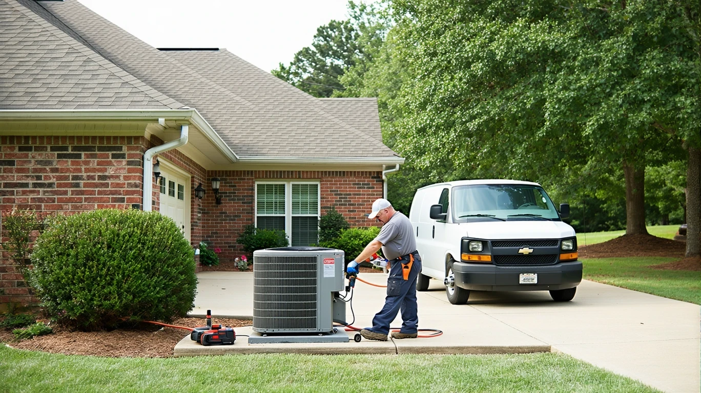 HVAC technician servicing outdoor AC unit at suburban home in Fayetteville, GA.