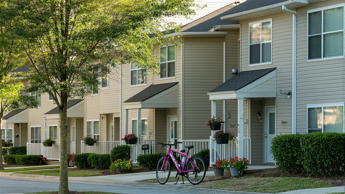 Exterior view of a small apartment building in Fayetteville, GA with bicycles resting against the railing.