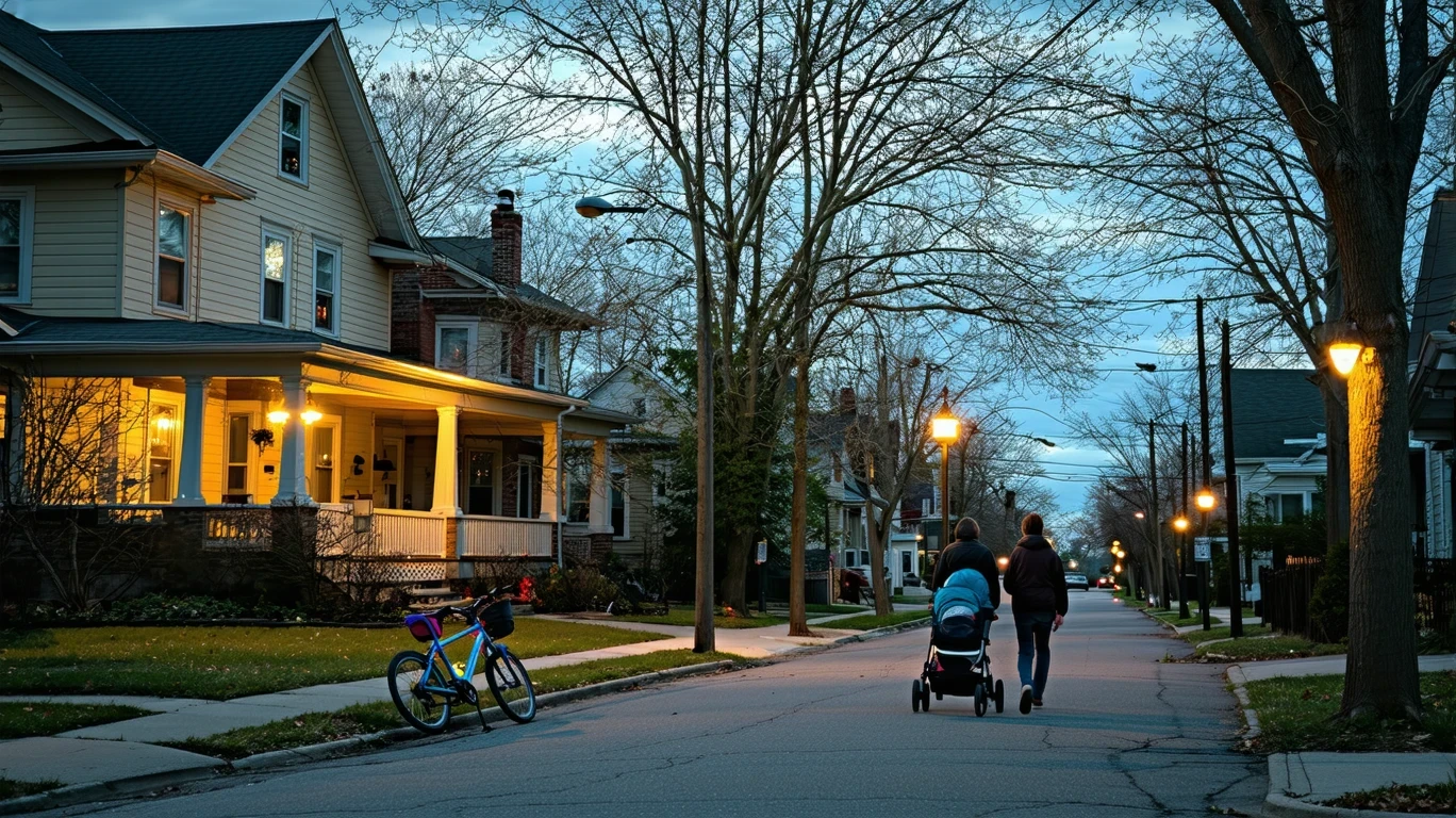 An early evening view of a cul-de-sac in Cincinnati, Ohio with homes, a bicycle, and a couple walking.