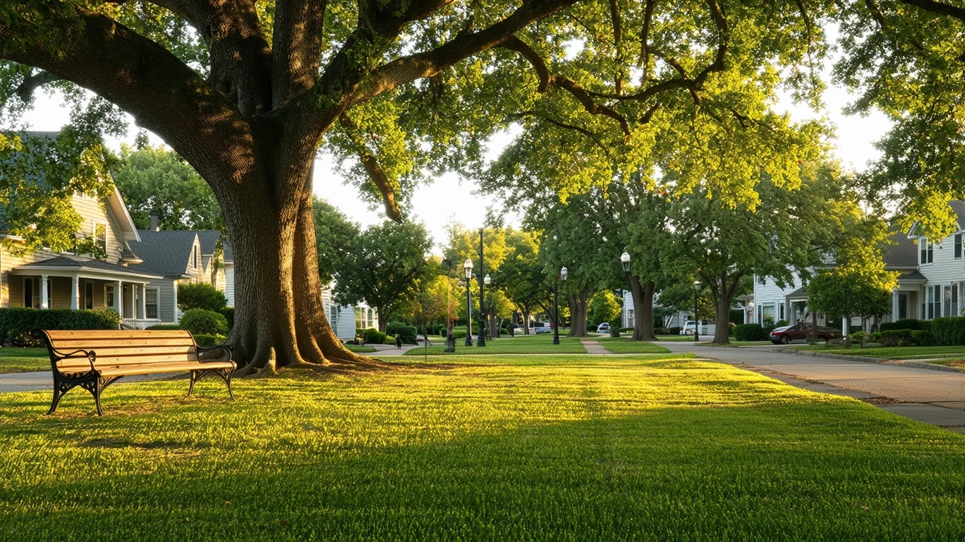 A park lawn in Fairfield, Ohio with oak trees, empty benches, and golden hour light.