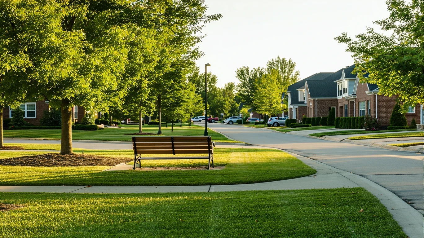 Neighborhood park in Mason, Ohio with walking path, bench, trees and houses visible across the street.