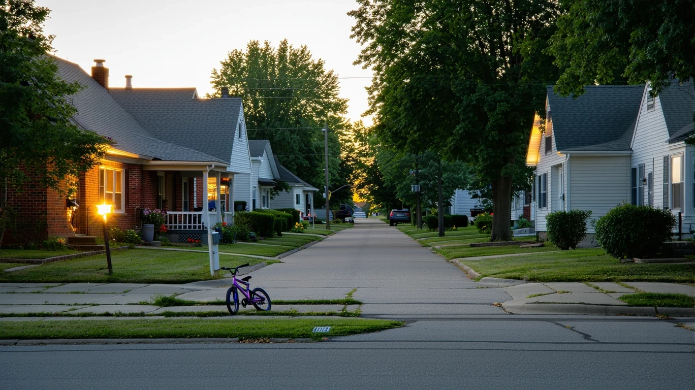 A cul-de-sac in Hamilton, Ohio at dusk with porch lights turning on and a child's bike near the curb.
