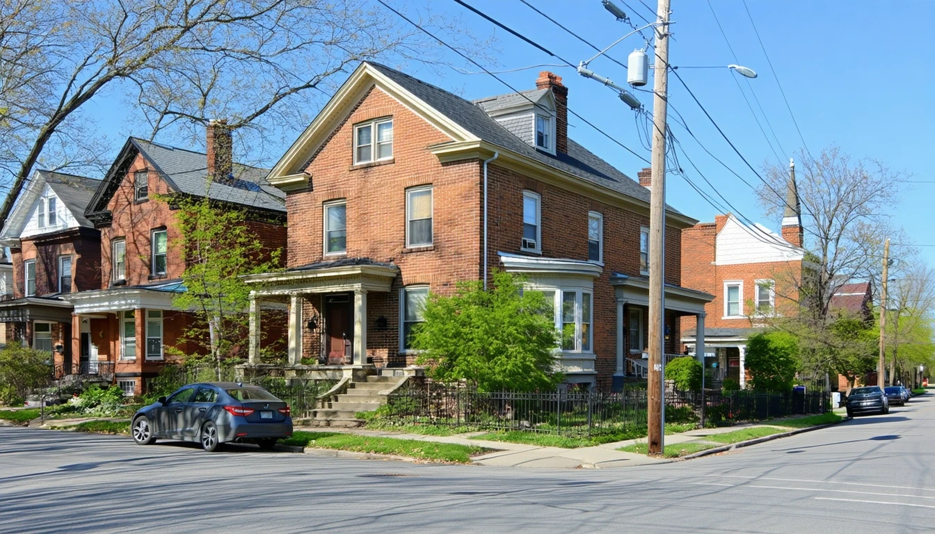 An intersection of two residential streets in an older Saint Louis neighborhood with brick homes and a parked car.