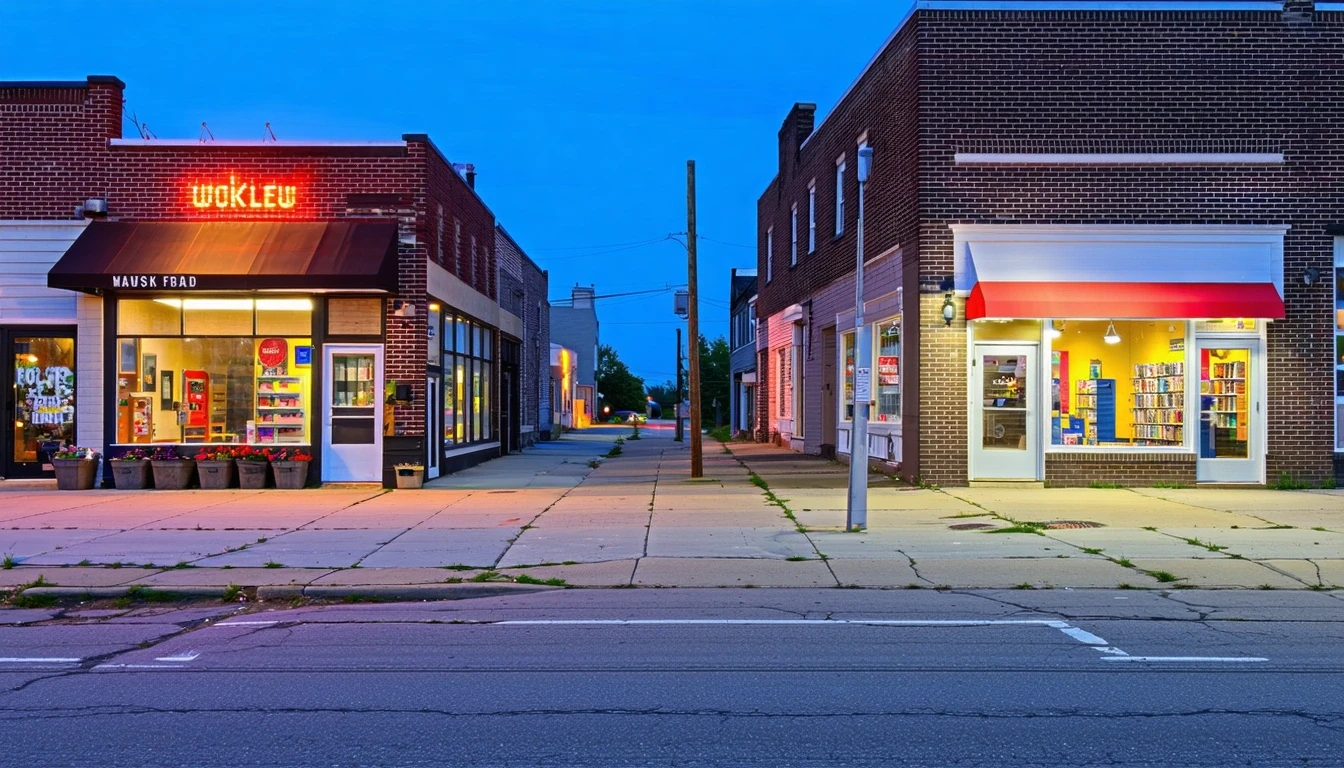 A walkable neighborhood block in Maryland Heights, Missouri at dusk, showing local shop fronts, townhomes across the street, and a couple walking a dog.